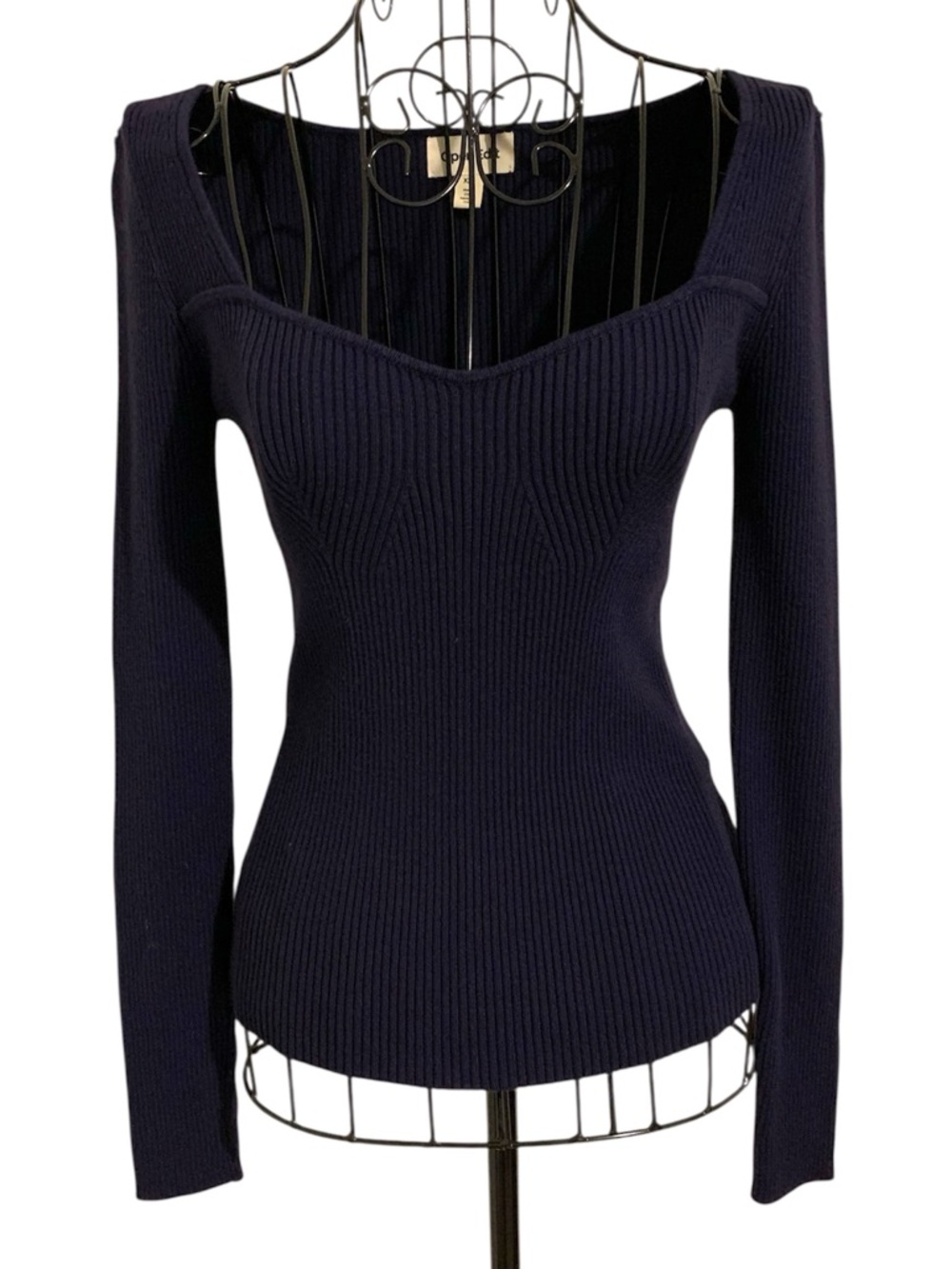 Navy Open Edit Ribbed Sweetheart Neck Sweater Fitted Long Sleeve Top